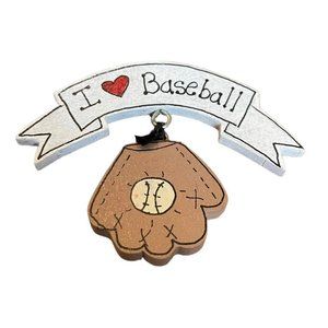 I Love Baseball Hand Painted Pin Glove and Ball Pendant Wooden